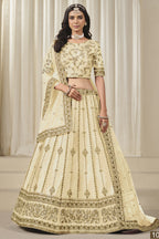 Cream Art Silk Lehenga Choli For Indian & Pakistani Wedding Festival - Thread & Sequins Embroidery Work