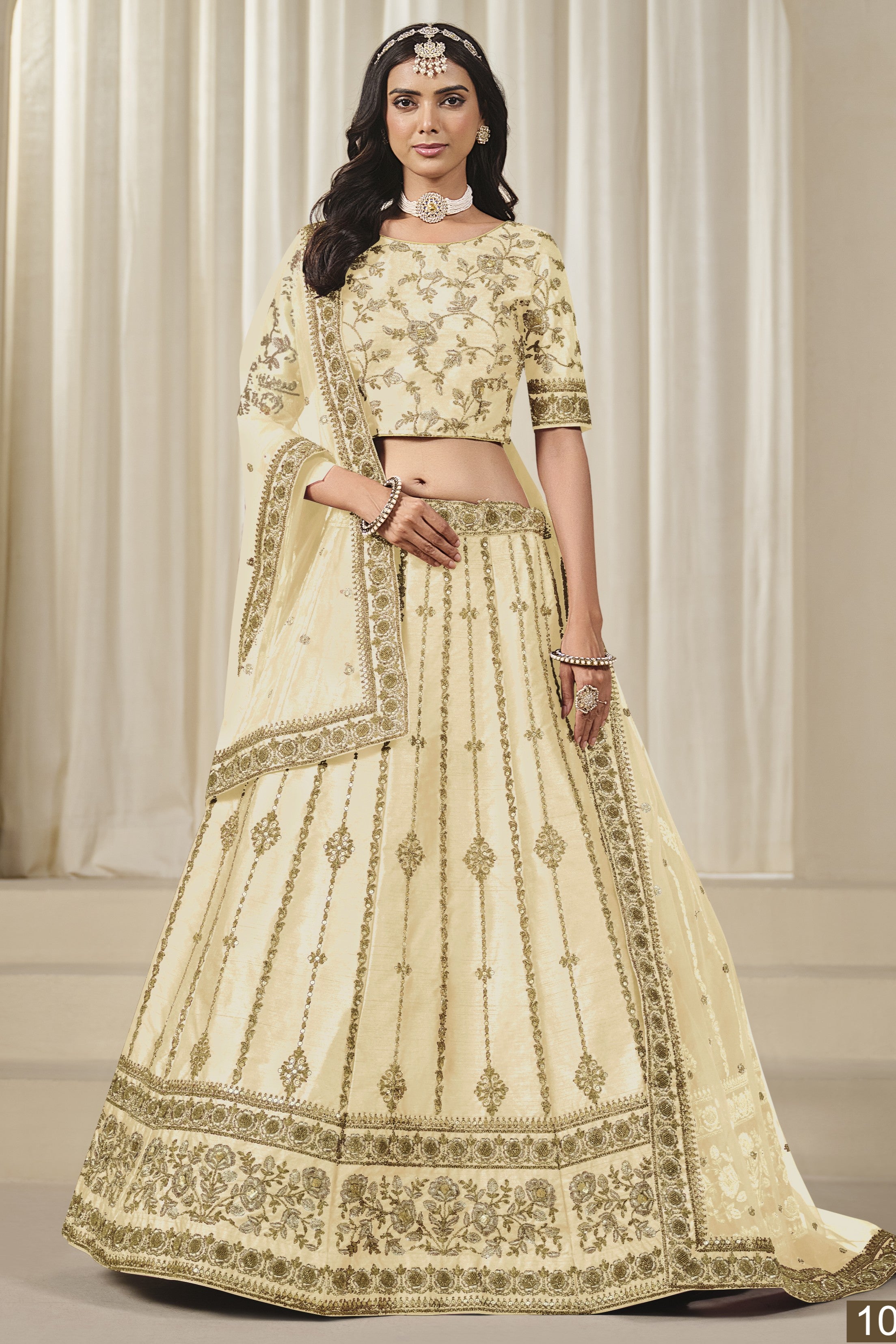 Cream Art Silk Lehenga Choli For Indian & Pakistani Wedding Festival - Thread & Sequins Embroidery Work