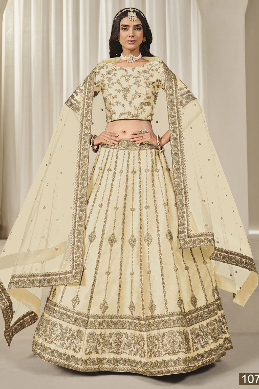 Cream Art Silk Lehenga Choli For Indian & Pakistani Wedding Festival - Thread & Sequins Embroidery Work