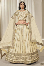 Cream Art Silk Lehenga Choli For Indian & Pakistani Wedding Festival - Thread & Sequins Embroidery Work