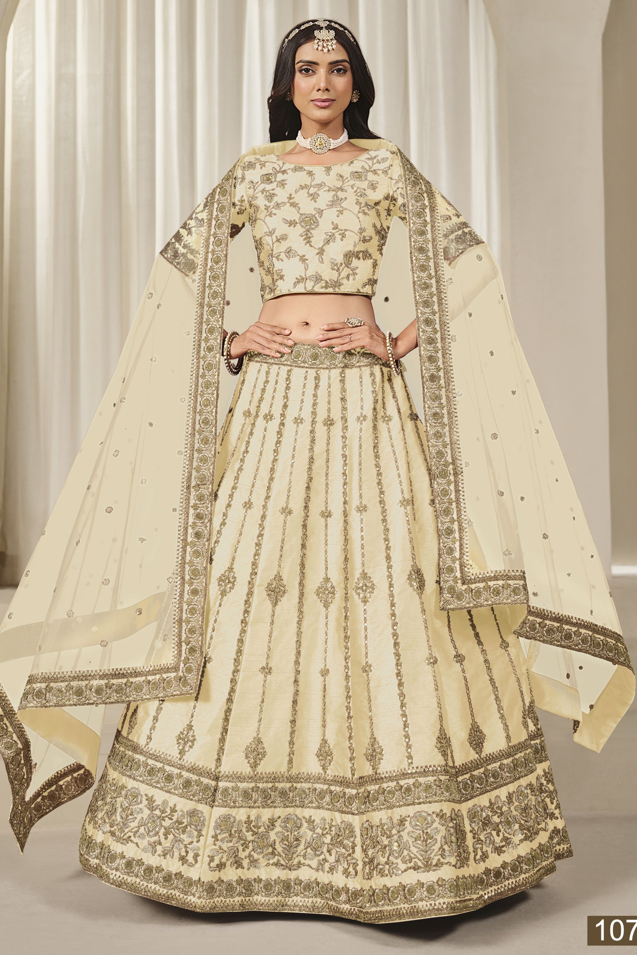 Cream Art Silk Lehenga Choli For Indian & Pakistani Wedding Festival - Thread & Sequins Embroidery Work