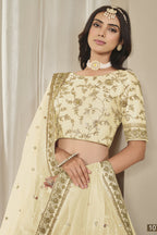 Cream Art Silk Lehenga Choli For Indian & Pakistani Wedding Festival - Thread & Sequins Embroidery Work