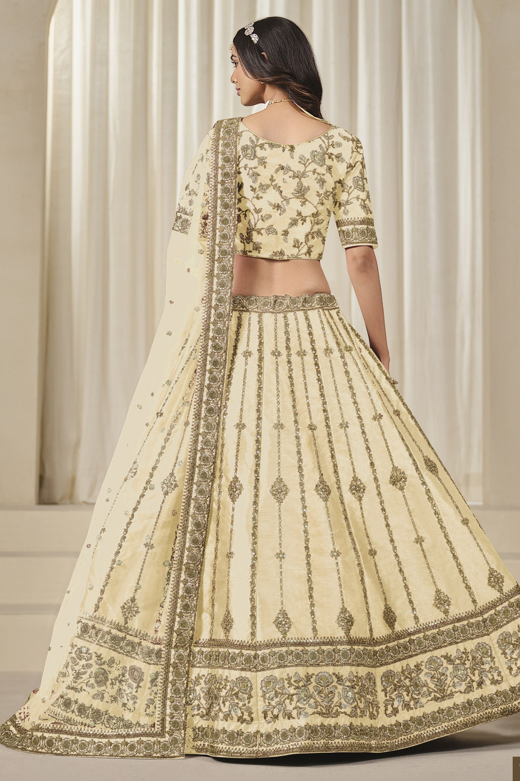 Cream Art Silk Lehenga Choli For Indian & Pakistani Wedding Festival - Thread & Sequins Embroidery Work