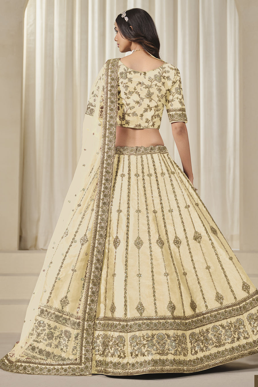 Cream Art Silk Lehenga Choli For Indian & Pakistani Wedding Festival - Thread & Sequins Embroidery Work