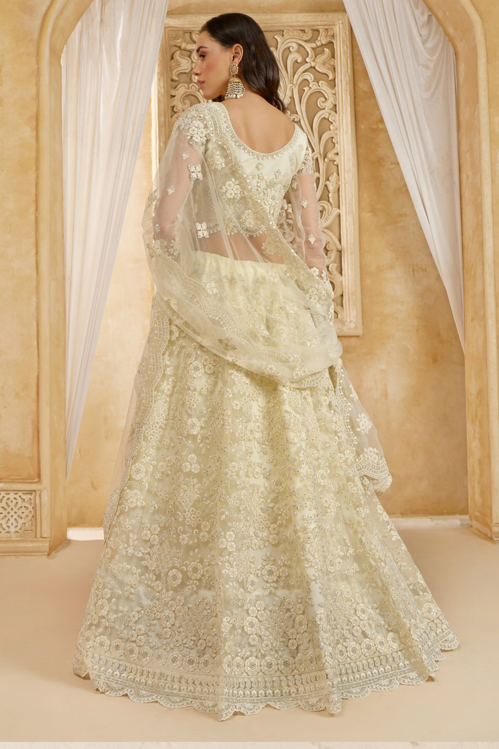 Off White Net Lehenga Choli For Wedding Guest in Indian Festivals & Pakistani Weddings Dress - Thread Embroidery Work, Stone Work