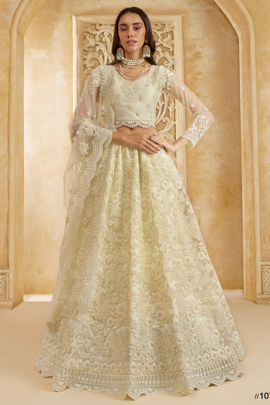 Off White Net Lehenga Choli For Wedding Guest in Indian Festivals & Pakistani Weddings Dress - Thread Embroidery Work, Stone Work