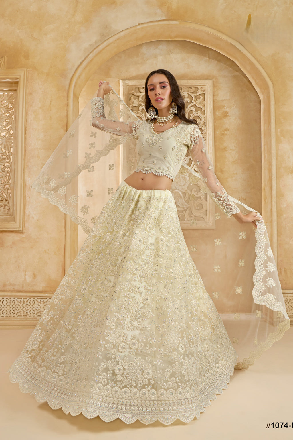 Off White Net Lehenga Choli For Wedding Guest in Indian Festivals & Pakistani Weddings Dress - Thread Embroidery Work, Stone Work