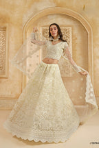 Off White Net Lehenga Choli For Wedding Guest in Indian Festivals & Pakistani Weddings Dress - Thread Embroidery Work, Stone Work