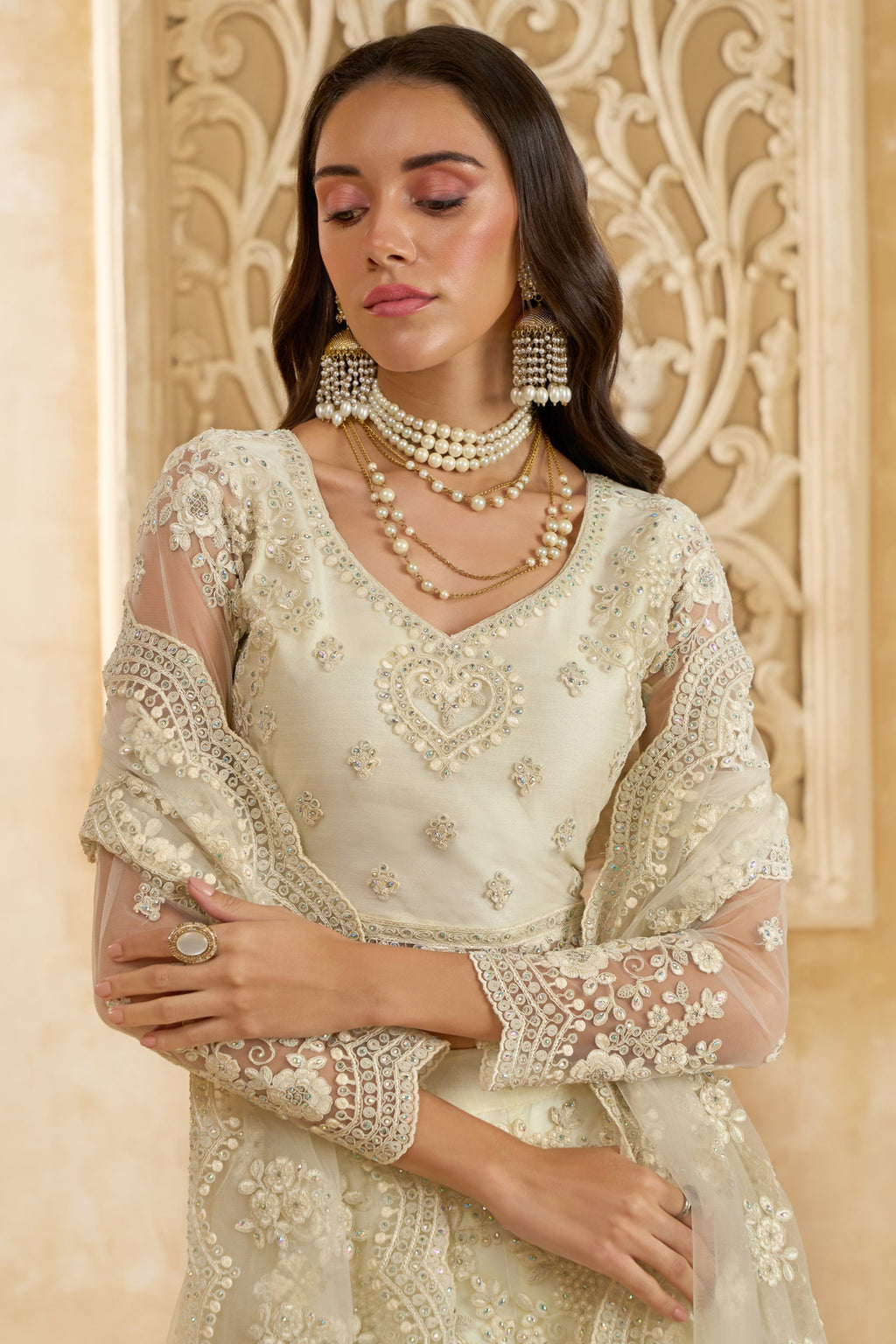 Off White Net Lehenga Choli For Wedding Guest in Indian Festivals & Pakistani Weddings Dress - Thread Embroidery Work, Stone Work