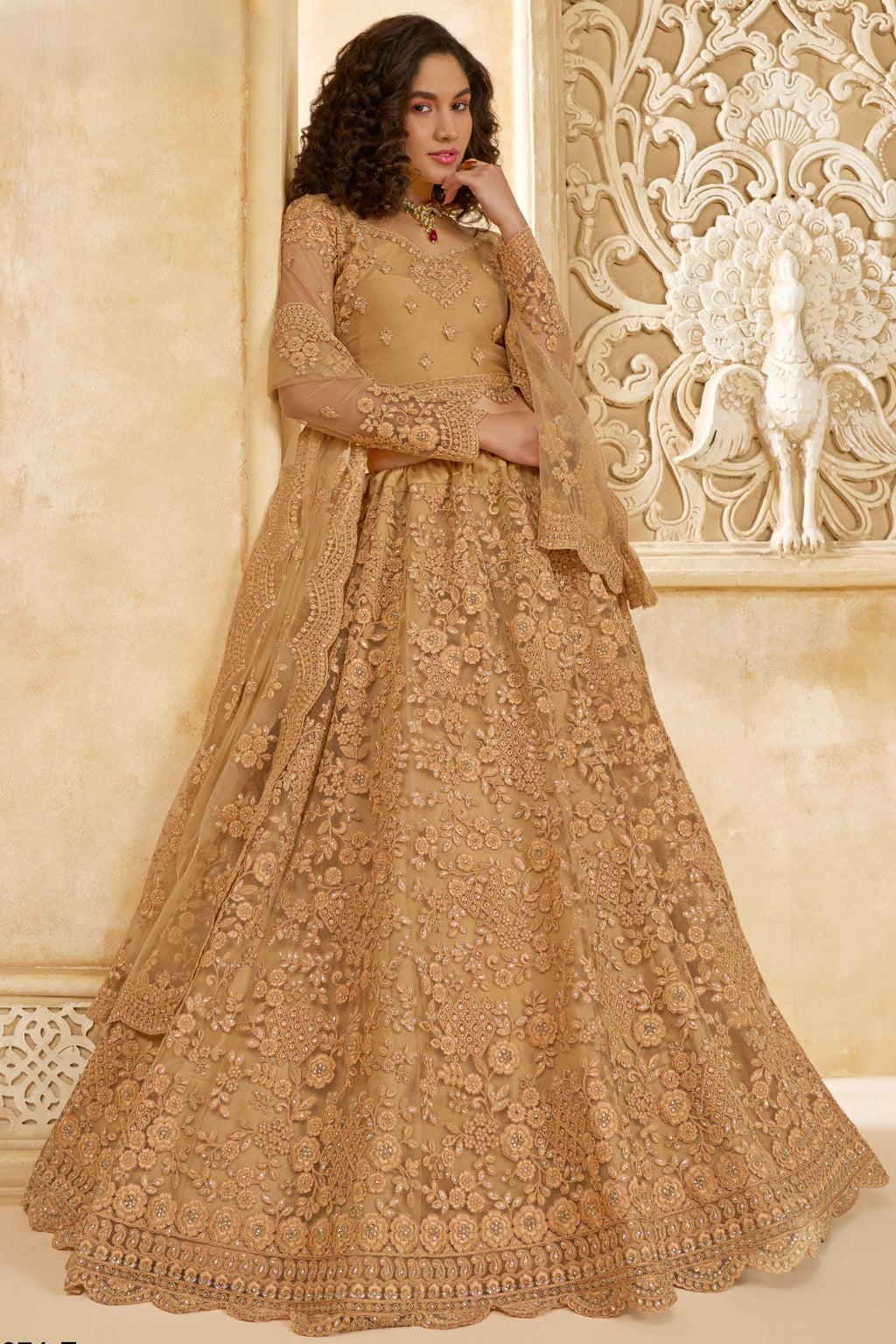 Golden Brown Net Lehenga Choli For Wedding Guest in Indian Festivals & Pakistani Weddings Dress - Thread Embroidery Work, Stone Work