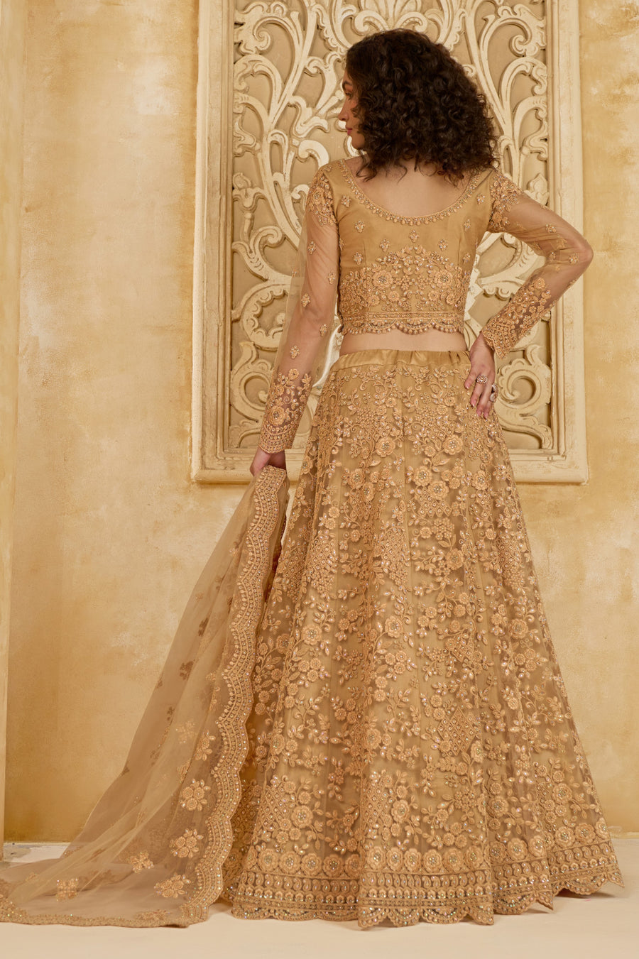 Golden Brown Net Lehenga Choli For Wedding Guest in Indian Festivals & Pakistani Weddings Dress - Thread Embroidery Work, Stone Work