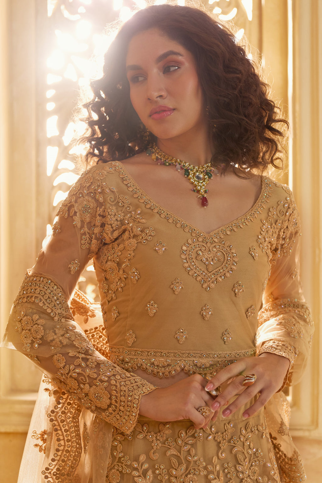 Golden Brown Net Lehenga Choli For Wedding Guest in Indian Festivals & Pakistani Weddings Dress - Thread Embroidery Work, Stone Work