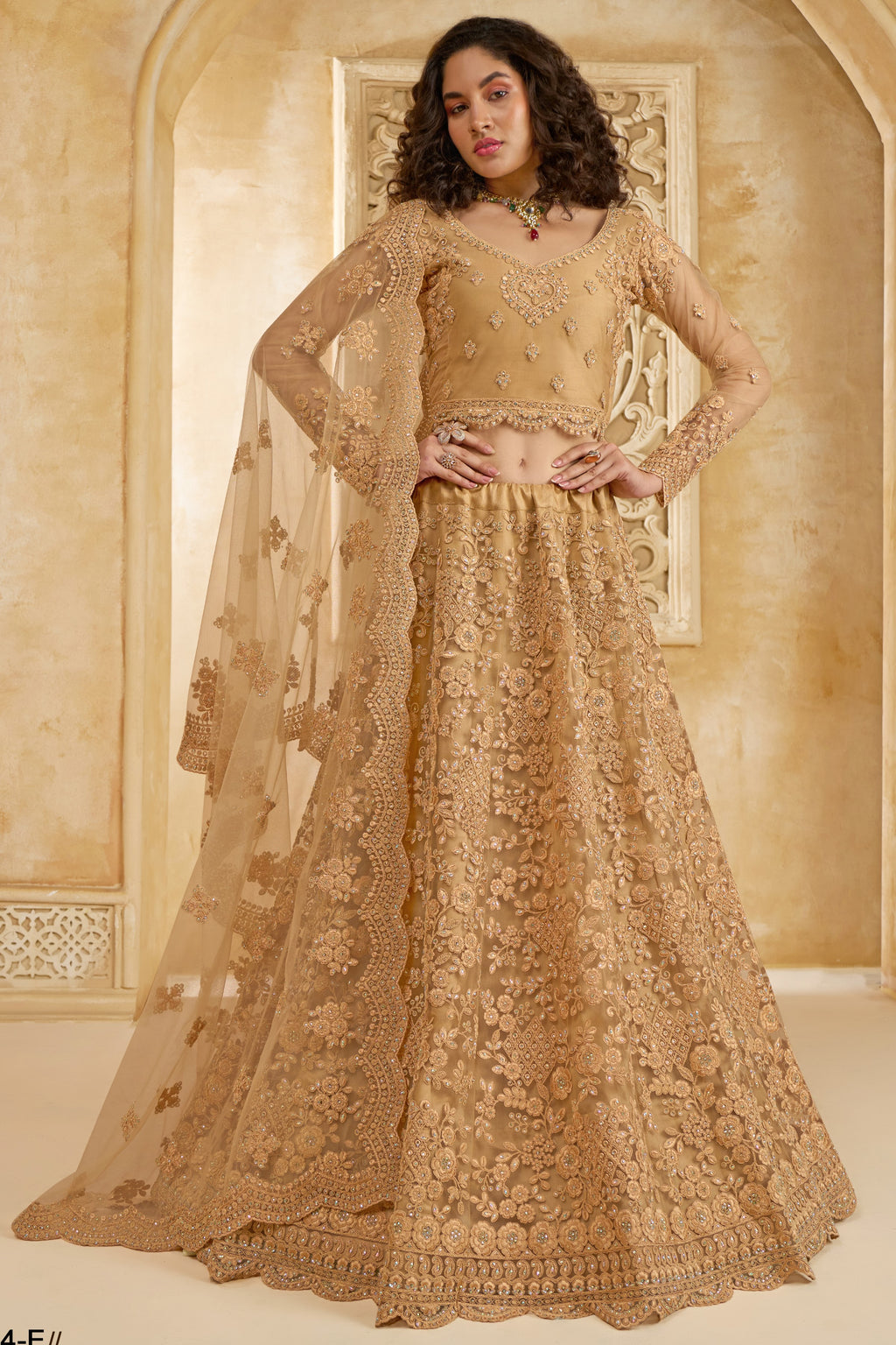 Golden Brown Net Lehenga Choli For Wedding Guest in Indian Festivals & Pakistani Weddings Dress - Thread Embroidery Work, Stone Work