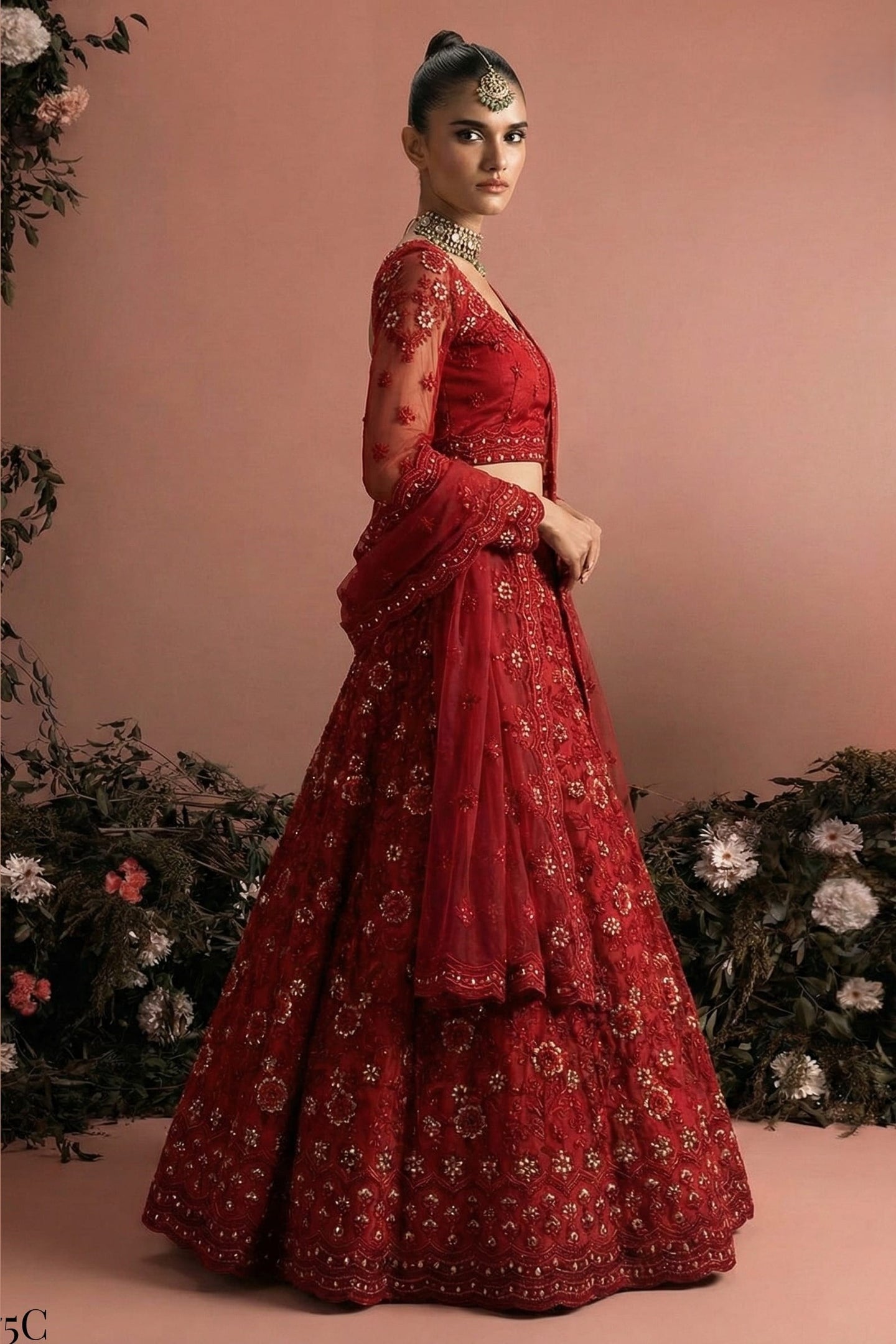 Red Net Lehenga Choli For Indian & Pakistani Wedding Festival - Embroidery Work