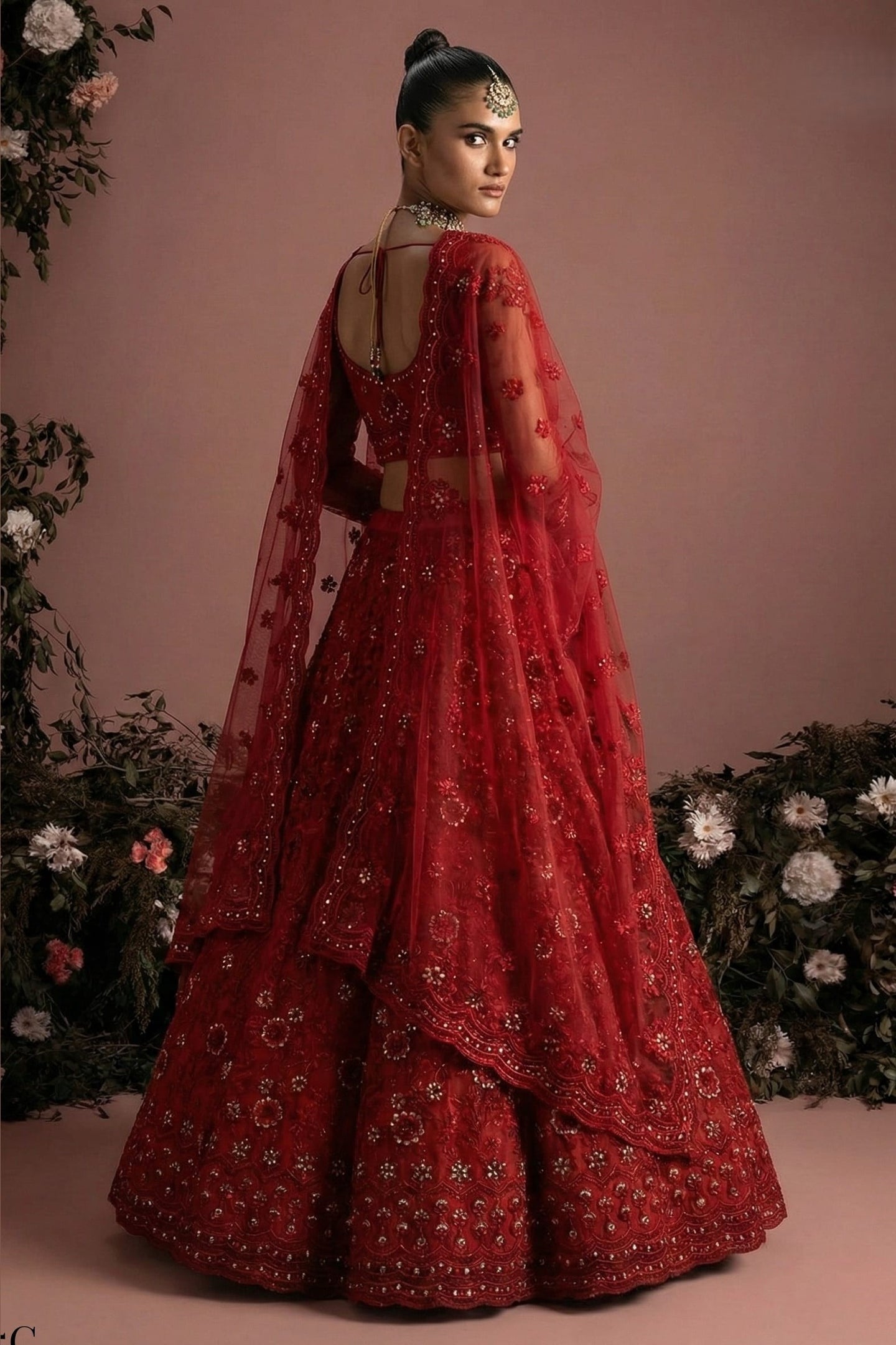 Red Net Lehenga Choli For Indian & Pakistani Wedding Festival - Embroidery Work
