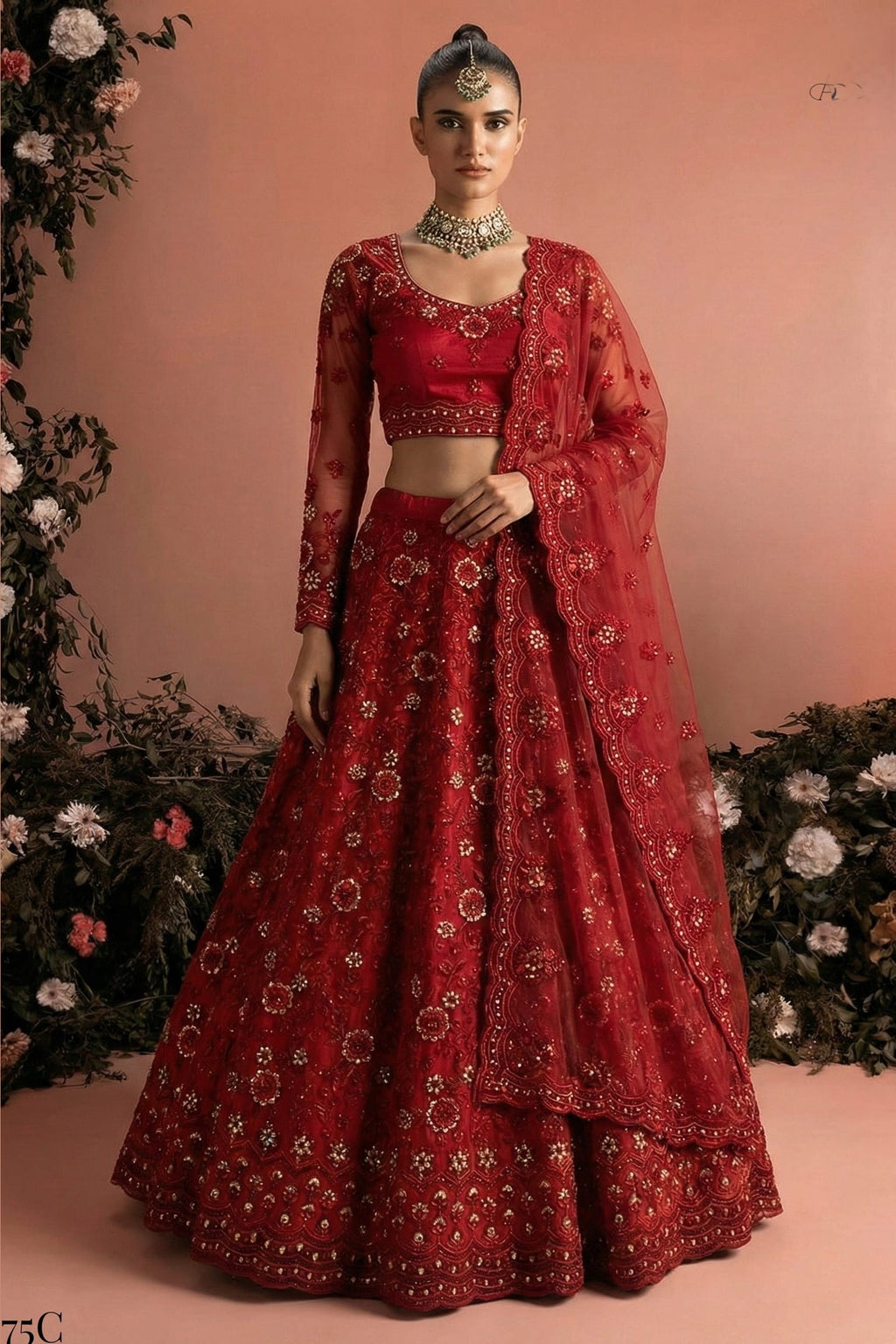 Red Net Lehenga Choli For Indian & Pakistani Wedding Festival - Embroidery Work