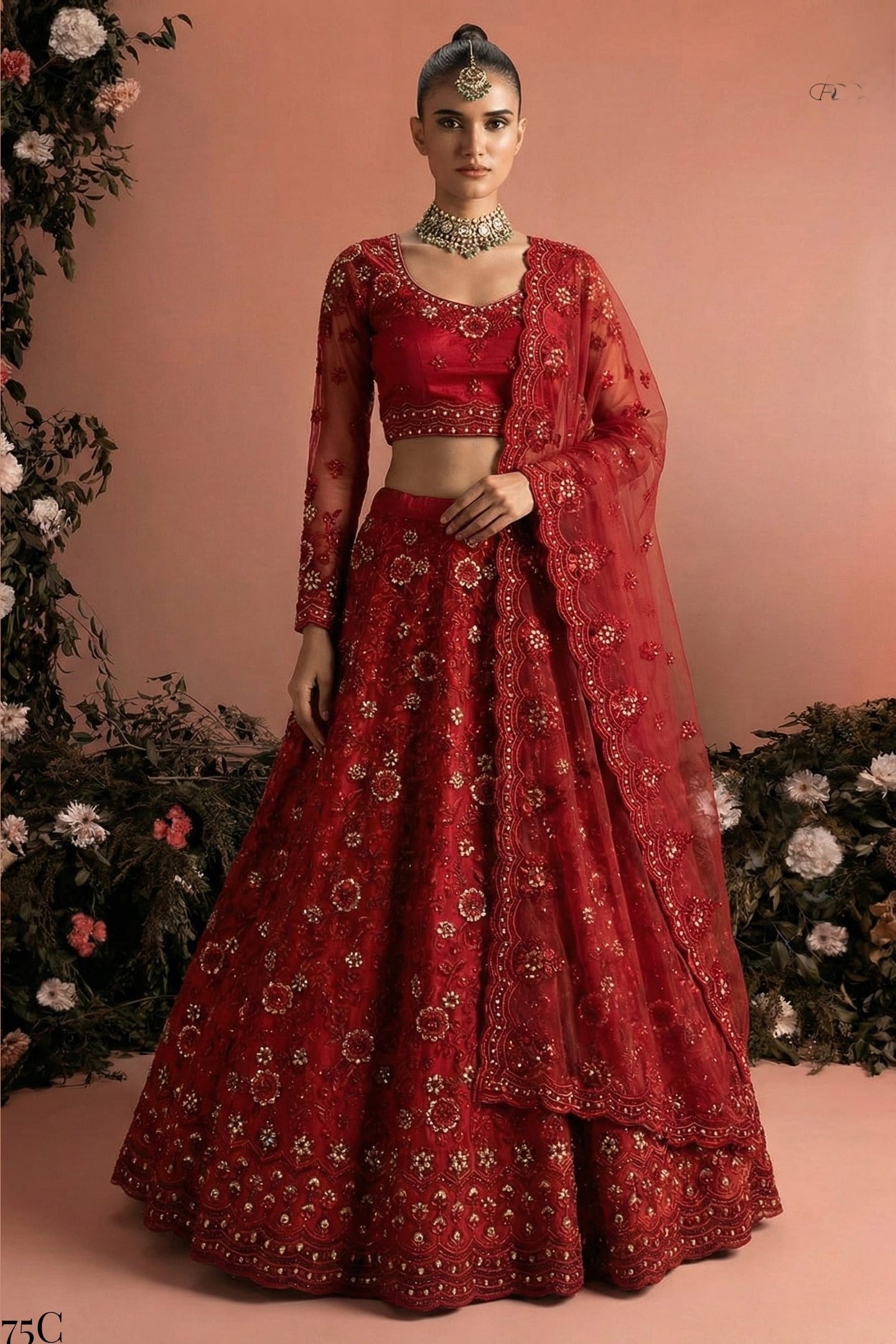 Red Net Lehenga Choli For Indian & Pakistani Wedding Festival - Embroidery Work
