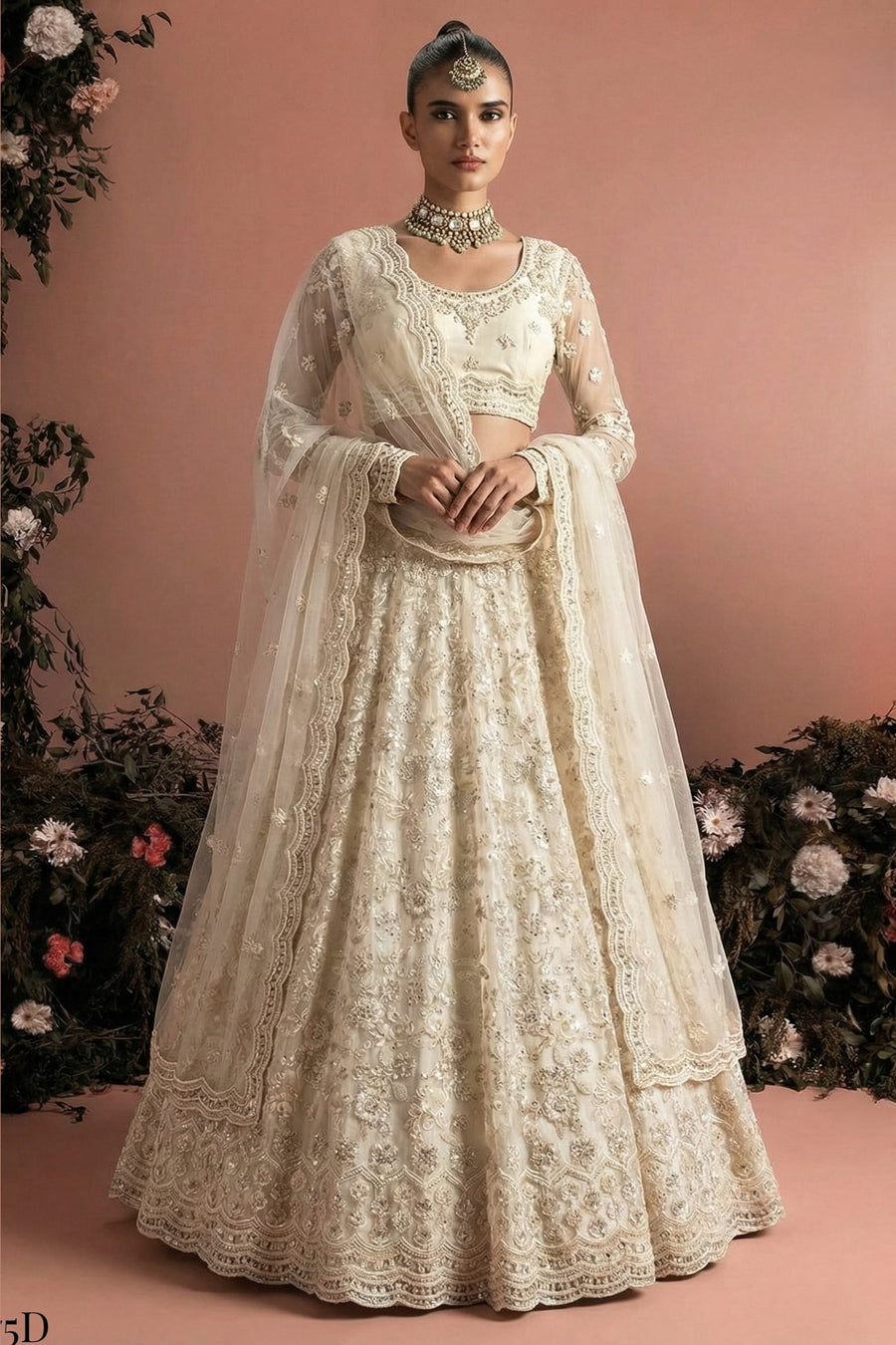 Ivory Net Lehenga Choli For Indian & Pakistani Wedding Festival - Embroidery Work