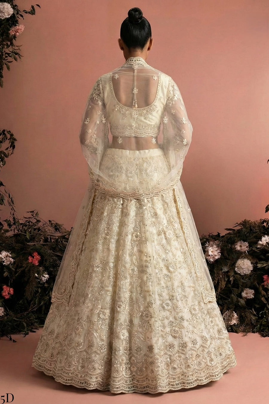 Ivory Net Lehenga Choli For Indian & Pakistani Wedding Festival - Embroidery Work