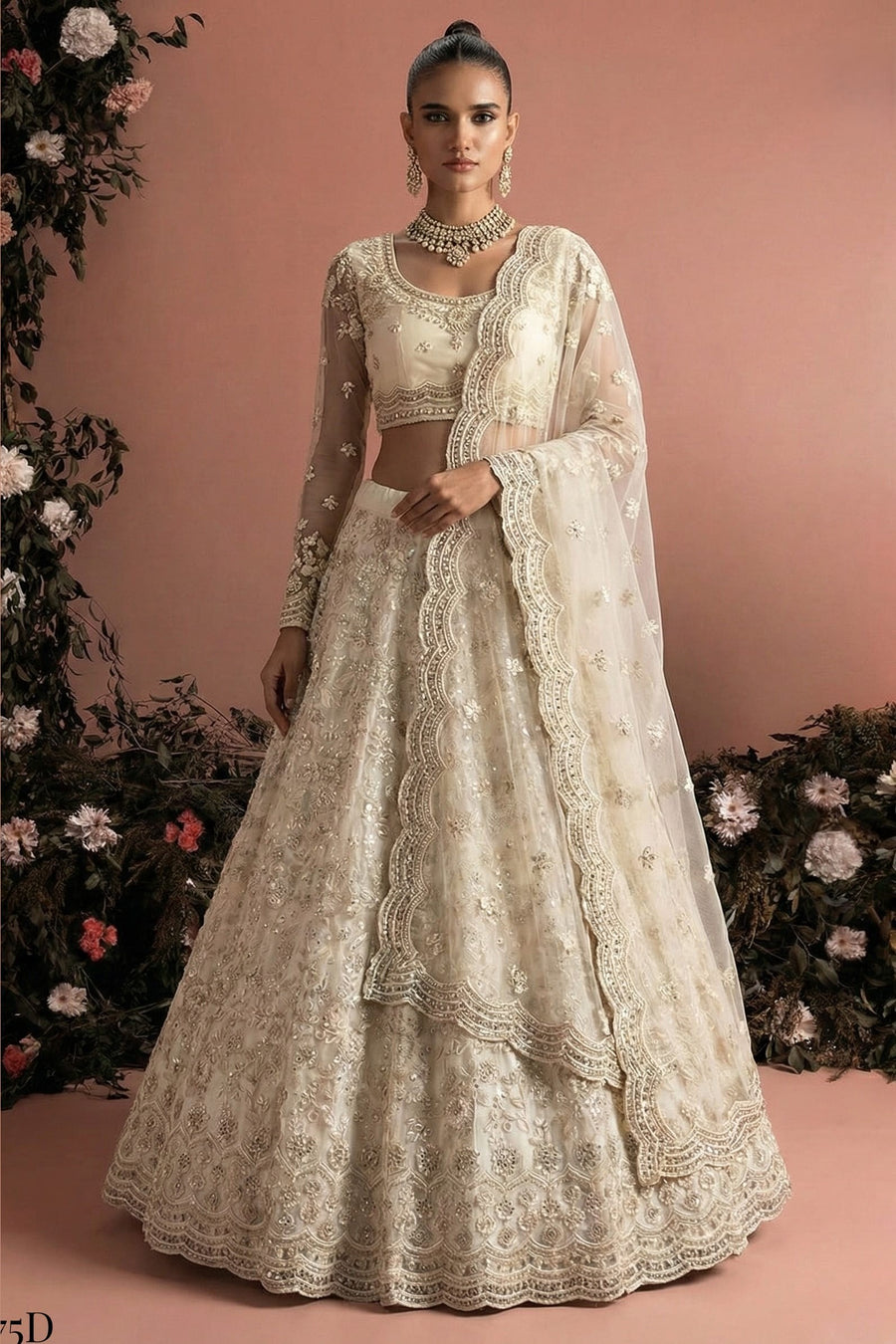 Ivory Net Lehenga Choli For Indian & Pakistani Wedding Festival - Embroidery Work