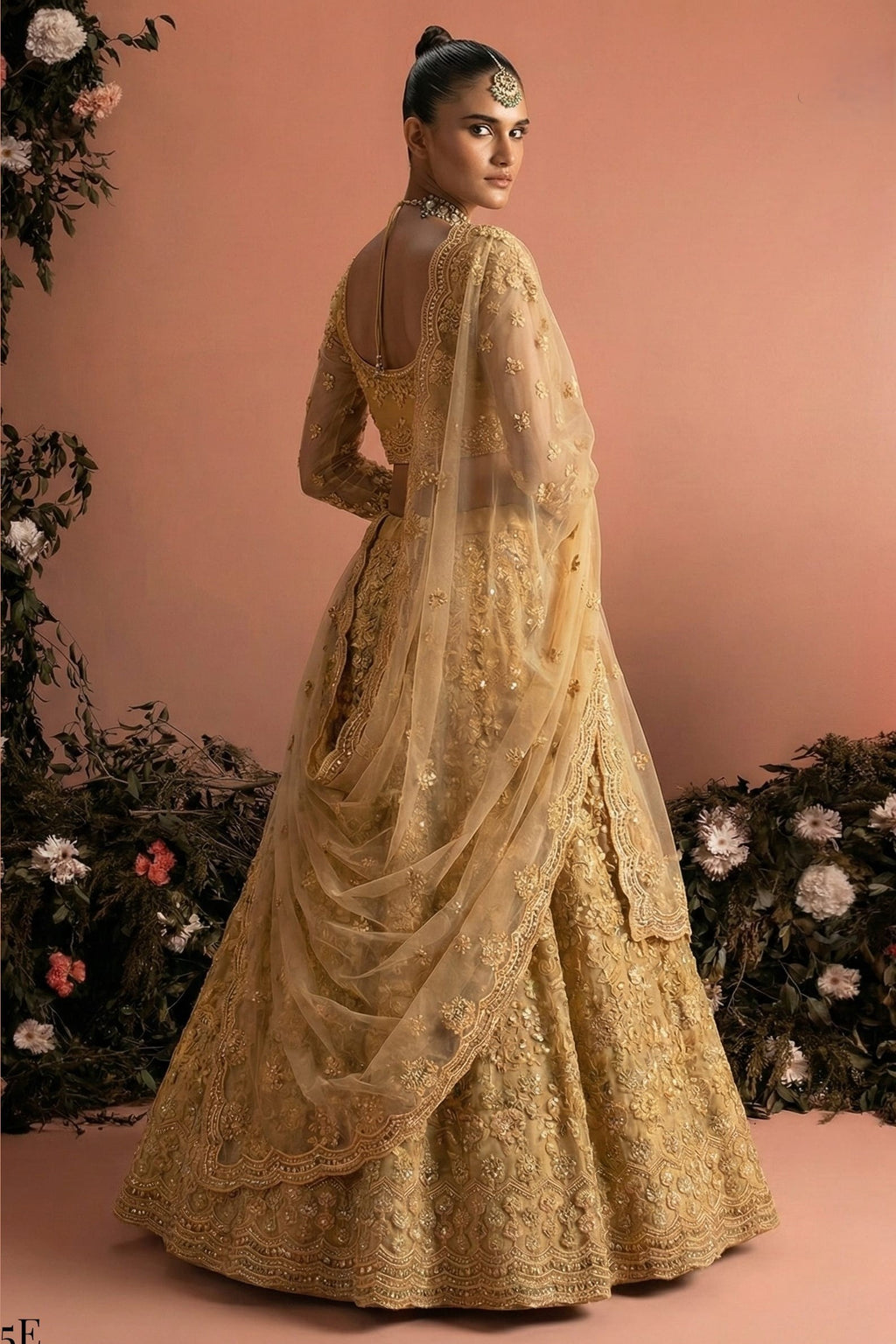 Gold Net Lehenga Choli For Indian & Pakistani Wedding Festival - Embroidery Work