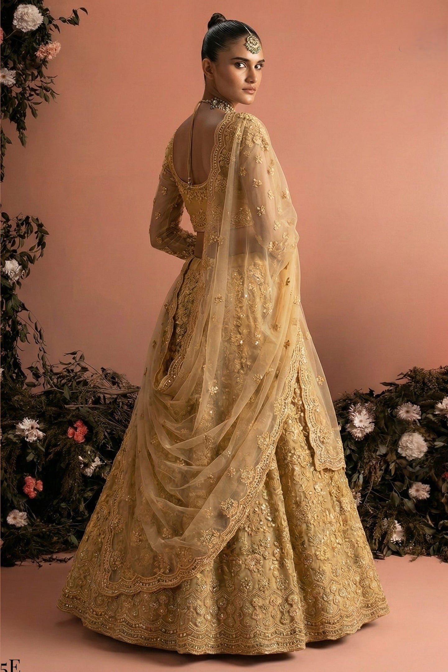 Gold Net Lehenga Choli For Indian & Pakistani Wedding Festival - Embroidery Work