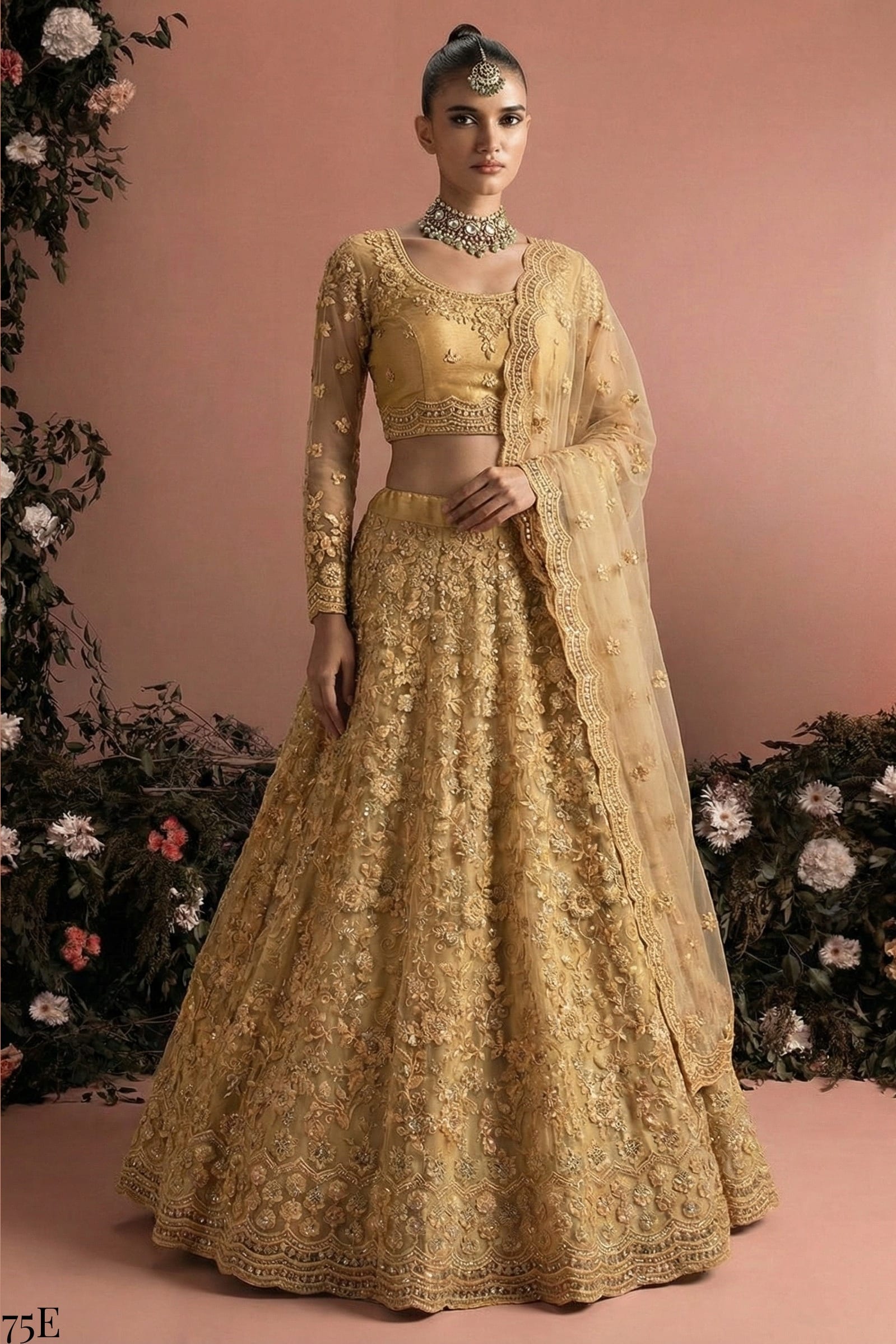 Gold Net Lehenga Choli For Indian & Pakistani Wedding Festival - Embroidery Work