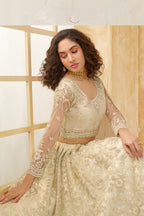 Off White Net Lehenga Choli For Wedding Guest in Indian Festivals & Pakistani Weddings Dress - Thread Embroidery Work, Stone Work