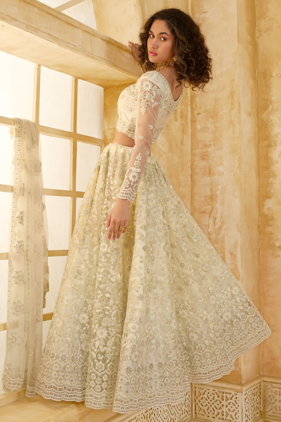 Off White Net Lehenga Choli For Wedding Guest in Indian Festivals & Pakistani Weddings Dress - Thread Embroidery Work, Stone Work