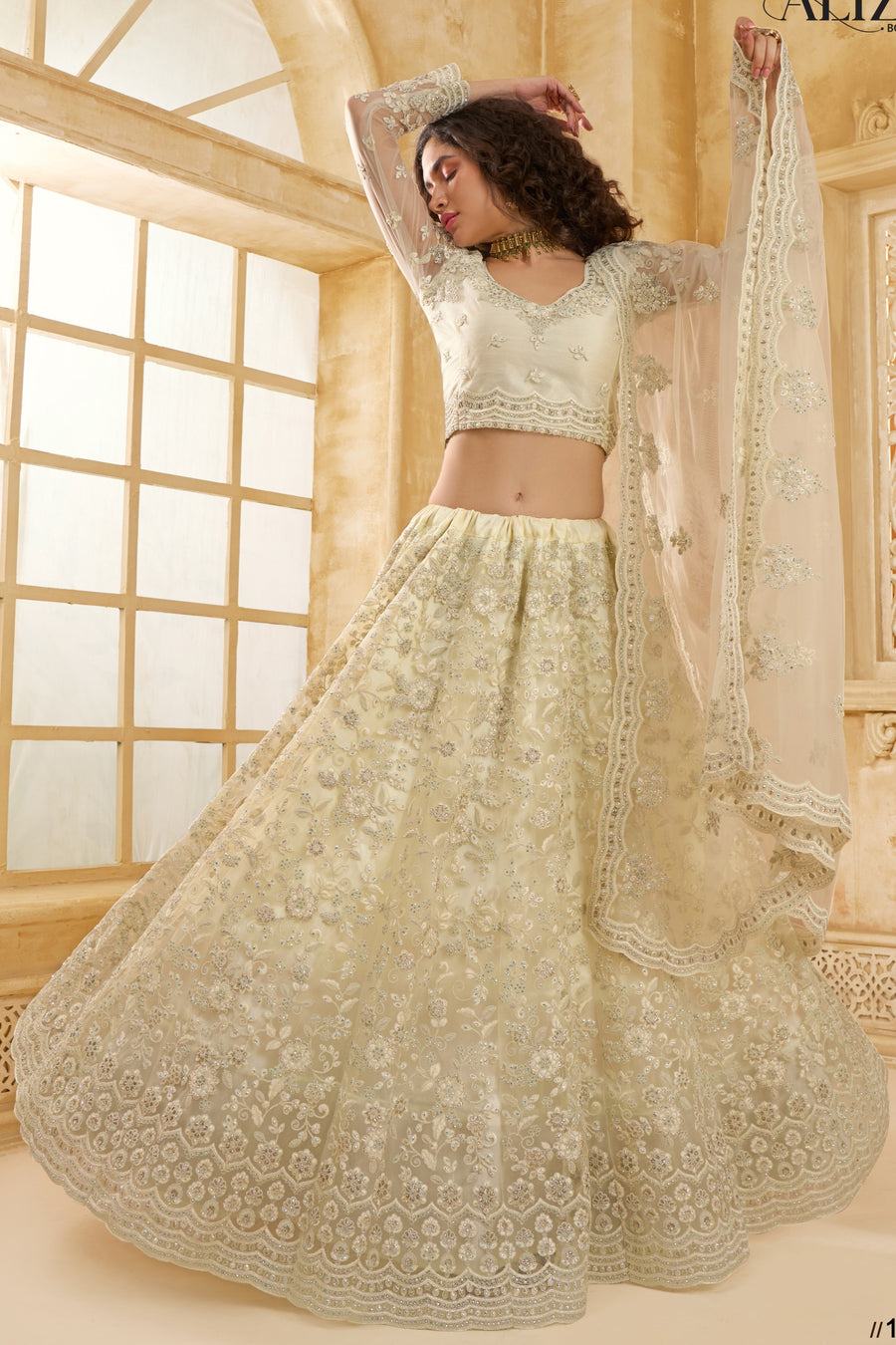 Off White Net Lehenga Choli For Wedding Guest in Indian Festivals & Pakistani Weddings Dress - Thread Embroidery Work, Stone Work
