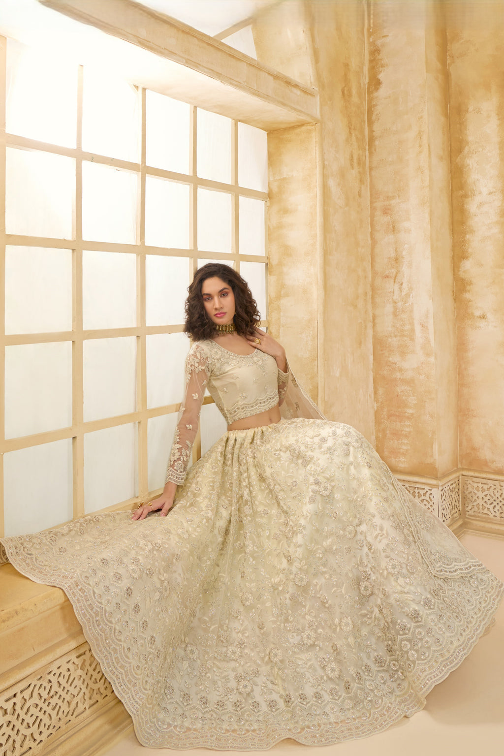 Off White Net Lehenga Choli For Wedding Guest in Indian Festivals & Pakistani Weddings Dress - Thread Embroidery Work, Stone Work