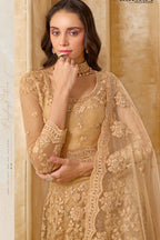 Golden Brown Net Lehenga Choli For Wedding Guest in Indian Festivals & Pakistani Weddings Dress - Thread Embroidery Work, Stone Work