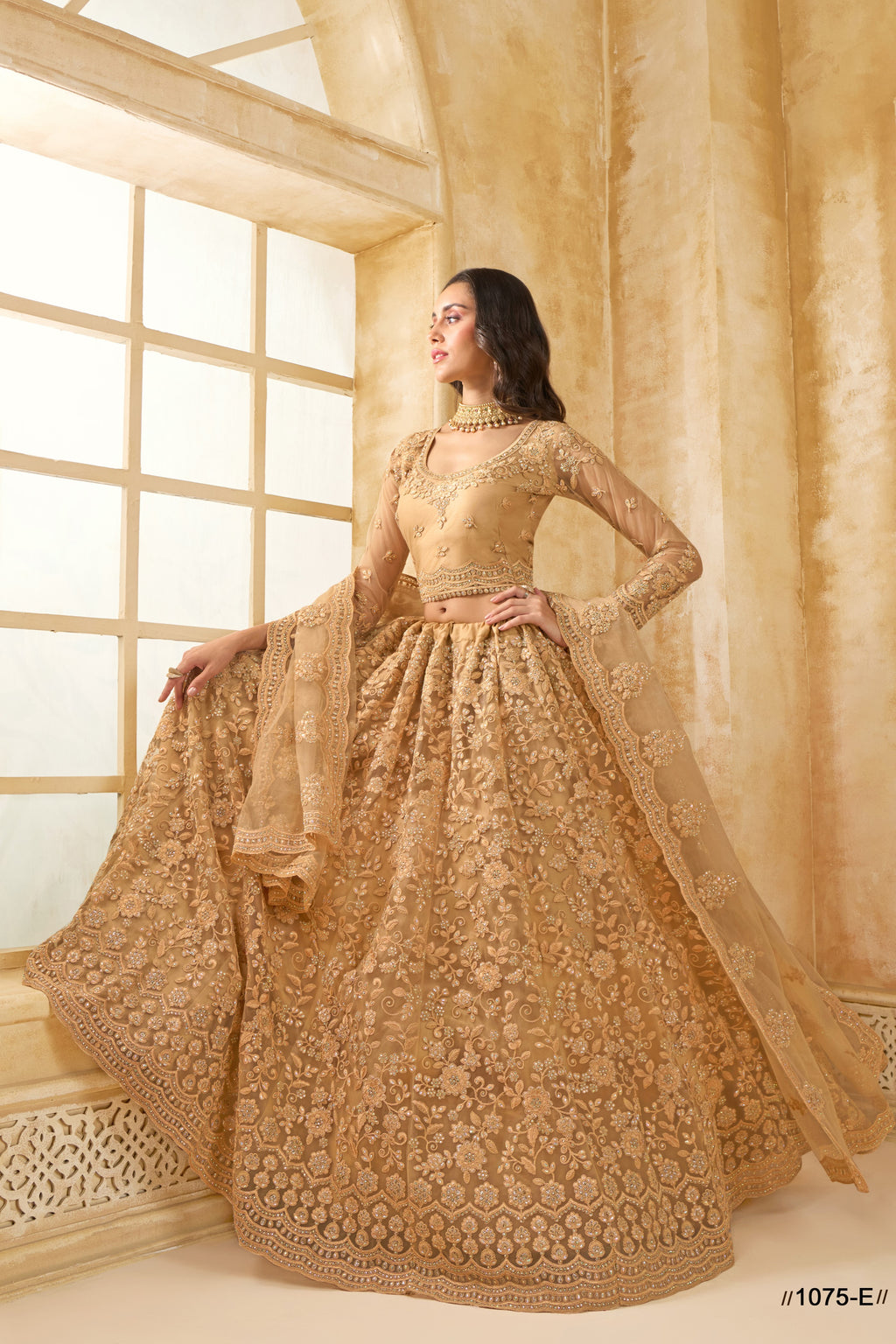 Golden Brown Net Lehenga Choli For Wedding Guest in Indian Festivals & Pakistani Weddings Dress - Thread Embroidery Work, Stone Work