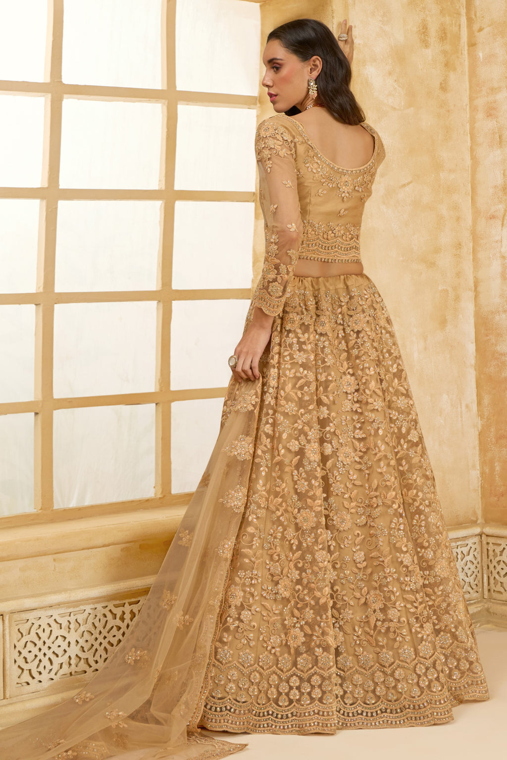 Golden Brown Net Lehenga Choli For Wedding Guest in Indian Festivals & Pakistani Weddings Dress - Thread Embroidery Work, Stone Work