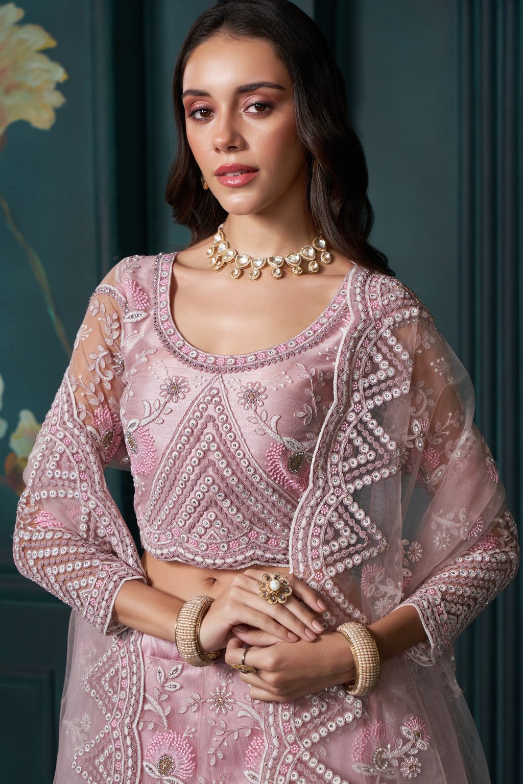 Dusty Pink Net Lehenga for Wedding with Choli & Dupatta