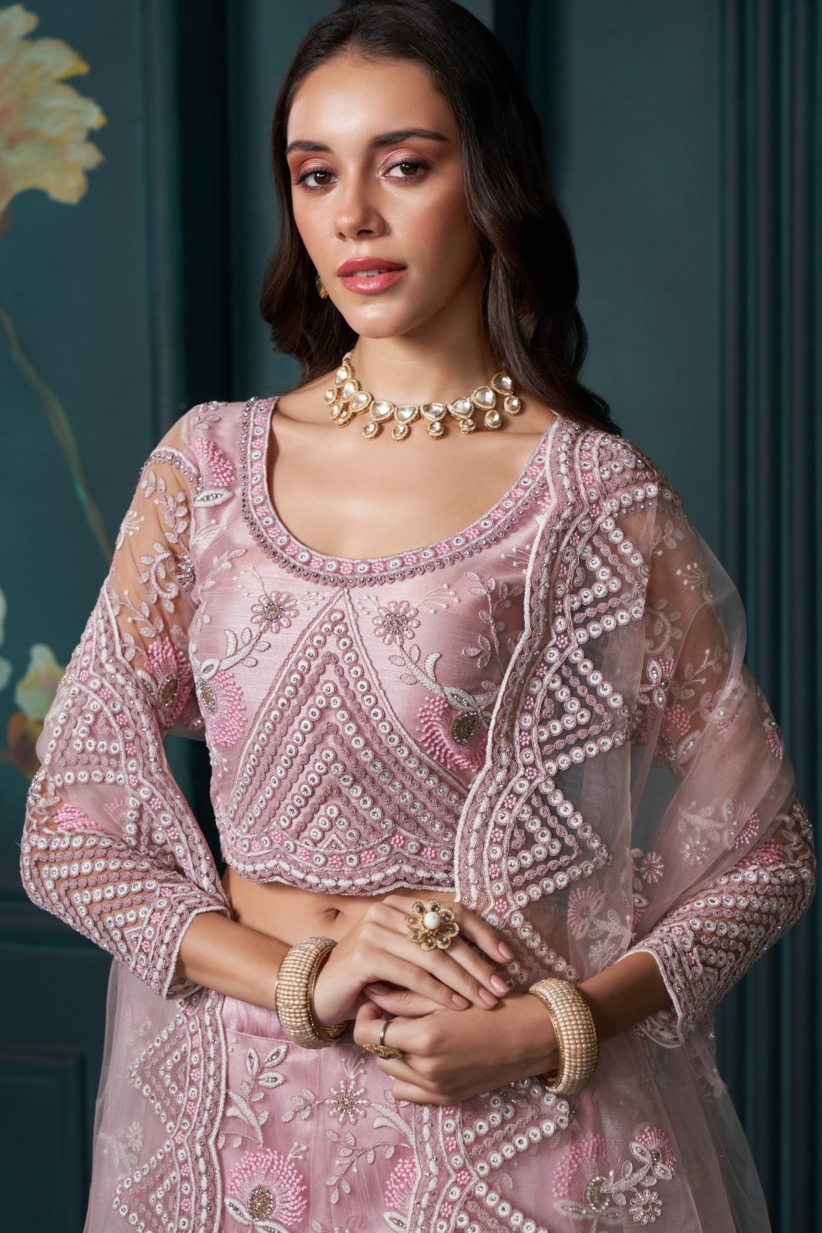 Dusty Pink Net Lehenga for Wedding with Choli & Dupatta