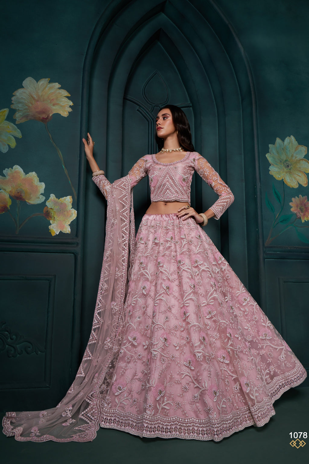 Dusty Pink Net Lehenga for Wedding with Choli & Dupatta