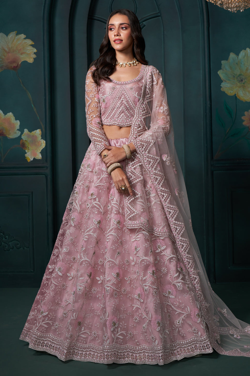 Dusty Pink Net Lehenga for Wedding with Choli & Dupatta