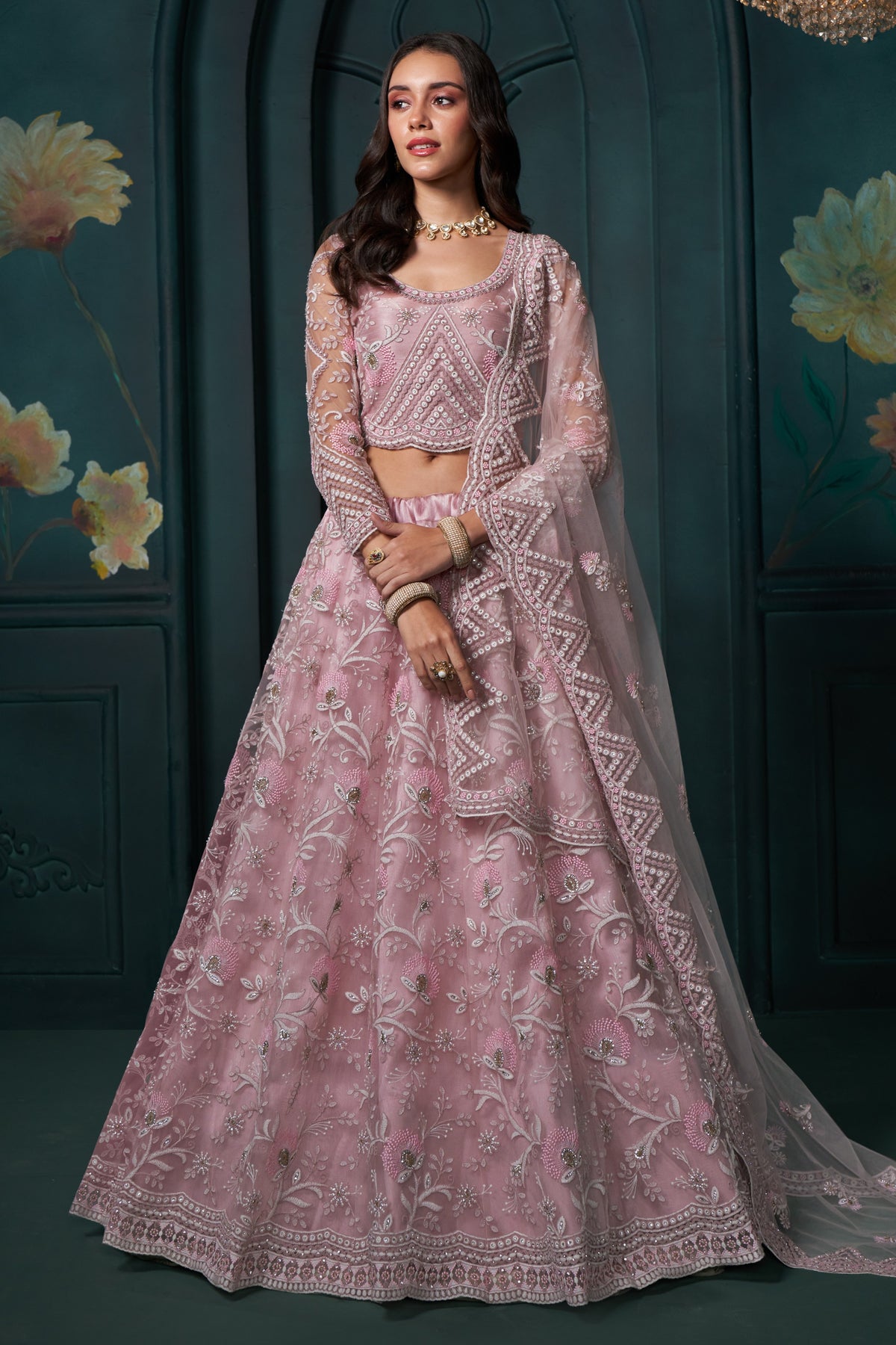 Dusty Pink Net Lehenga for Wedding with Choli & Dupatta