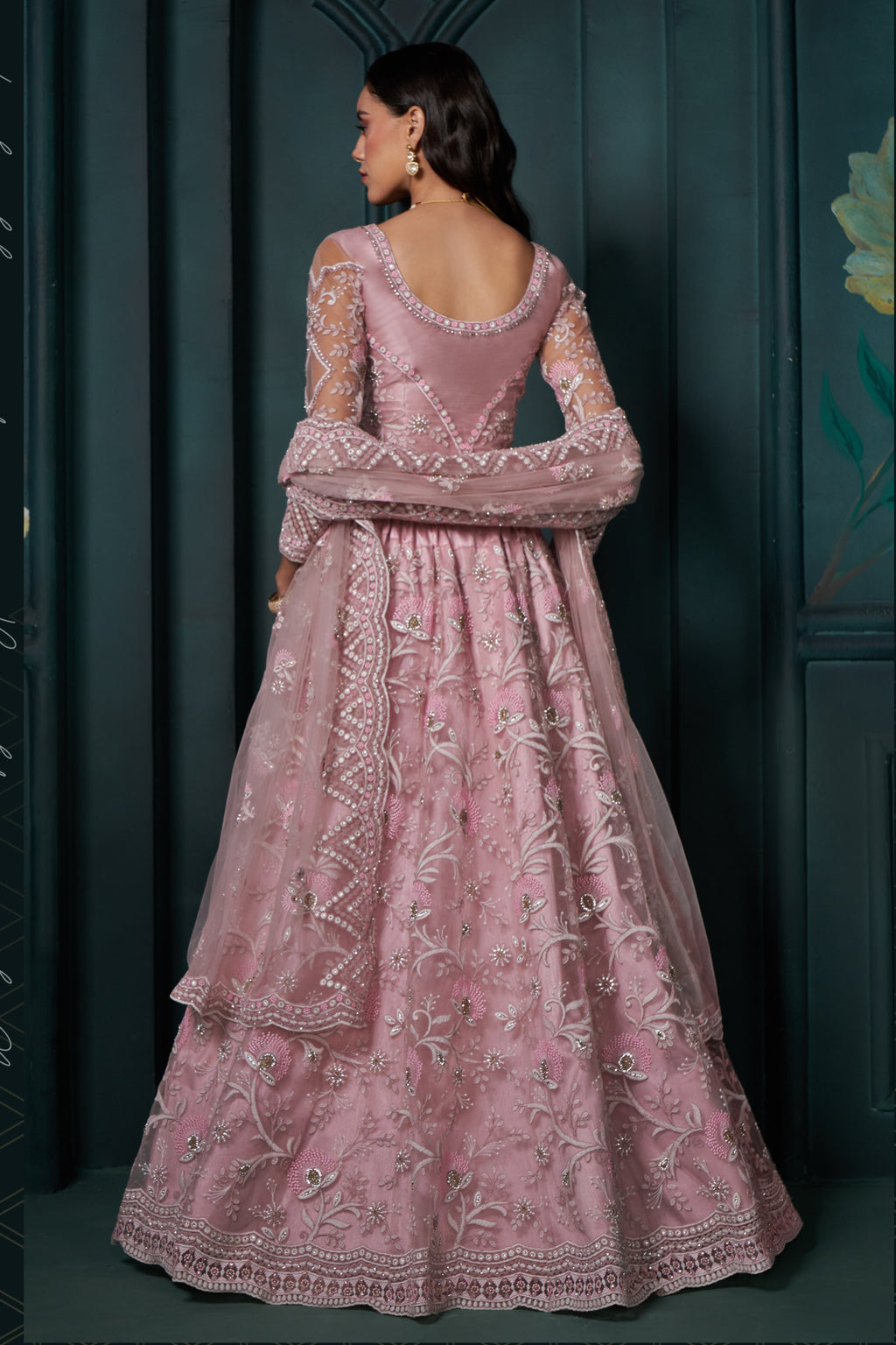 Dusty Pink Net Lehenga for Wedding with Choli & Dupatta