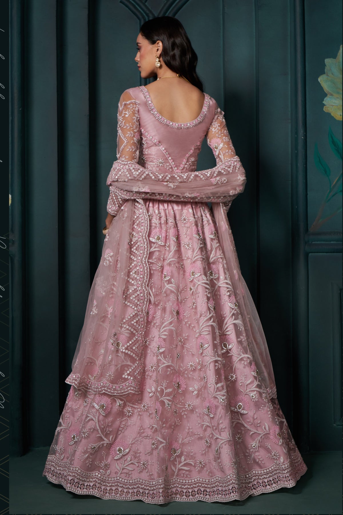 Dusty Pink Net Lehenga for Wedding with Choli & Dupatta