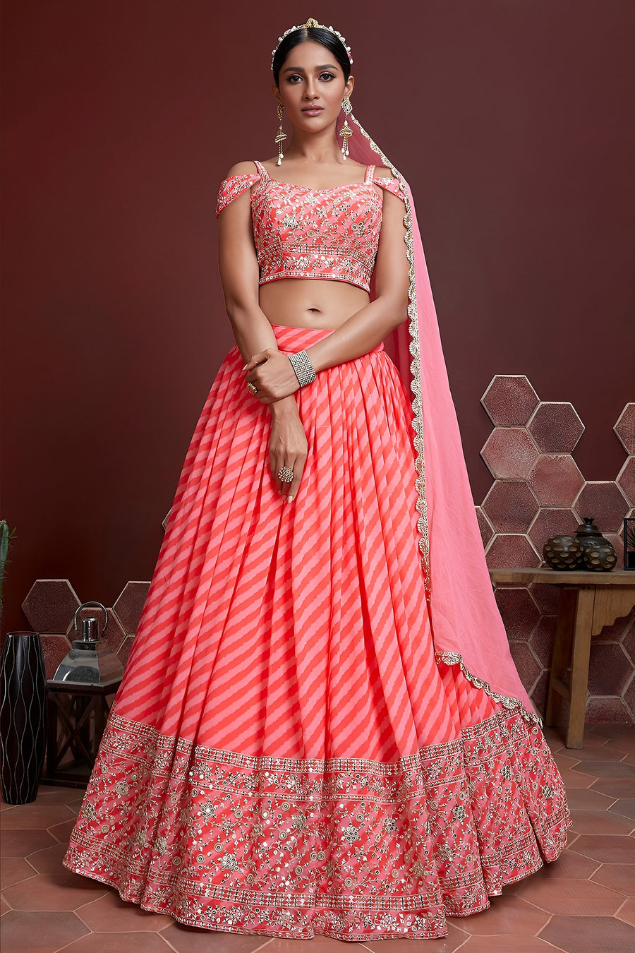 Peach Organza Silk Party Wear Lehenga Choli For Indian & Pakistani Wedding Festival - Sequins & Thread Embroidery Work, Zari Work