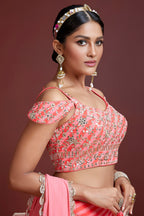 Peach Organza Silk Party Wear Lehenga Choli For Indian & Pakistani Wedding Festival - Sequins & Thread Embroidery Work, Zari Work