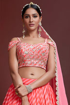 Peach Organza Silk Party Wear Lehenga Choli For Indian & Pakistani Wedding Festival - Sequins & Thread Embroidery Work, Zari Work