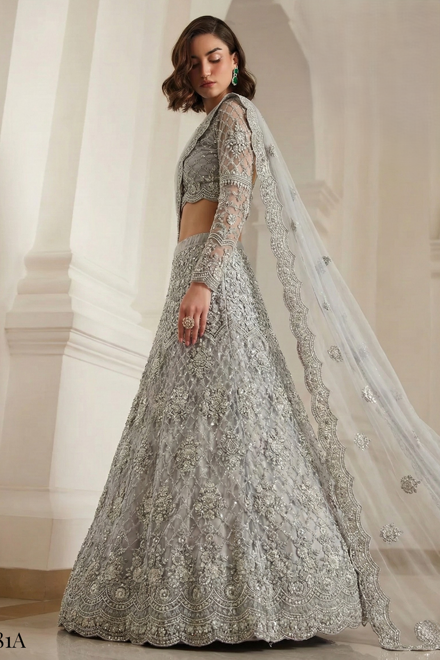 Grey Net Sangeet Lehenga Choli with Thread and Sequin Embroidery