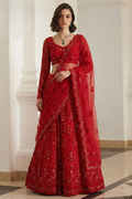 Red Net Sangeet Lehenga Choli with Thread and Sequin Embroidery