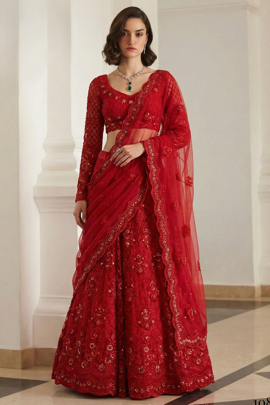 Red Net Sangeet Lehenga Choli with Thread and Sequin Embroidery