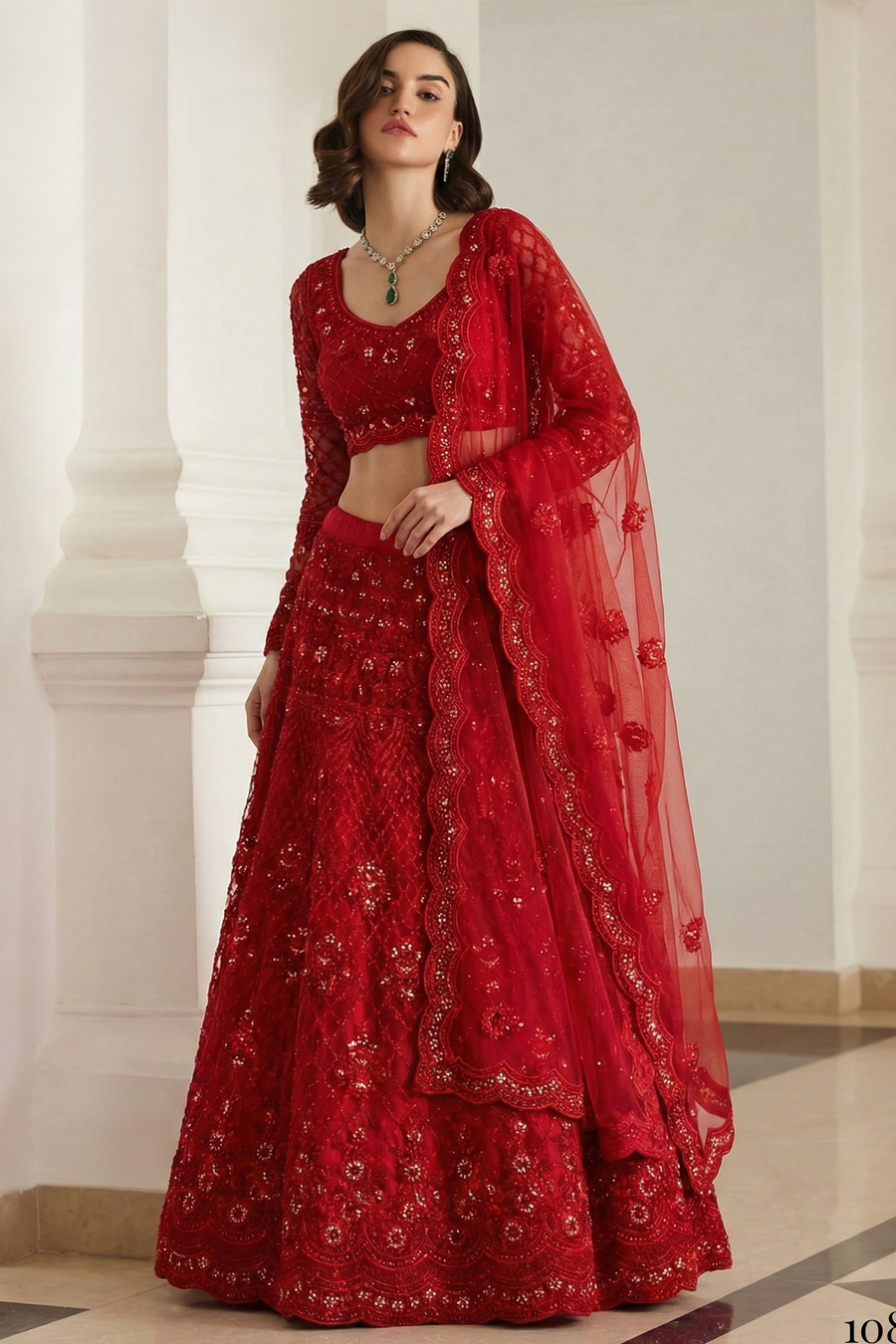 Red Net Sangeet Lehenga Choli with Thread and Sequin Embroidery