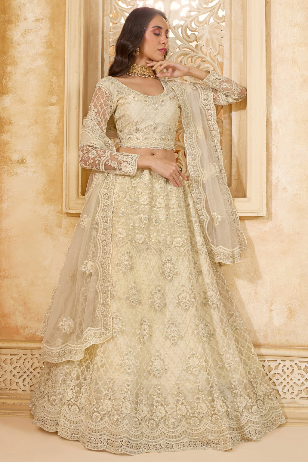 Off White Net Lehenga Choli For Wedding Guest in Indian Festivals & Pakistani Weddings Dress - Thread Embroidery Work, Stone Work