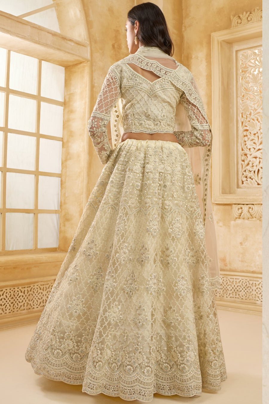 Off White Net Lehenga Choli For Wedding Guest in Indian Festivals & Pakistani Weddings Dress - Thread Embroidery Work, Stone Work